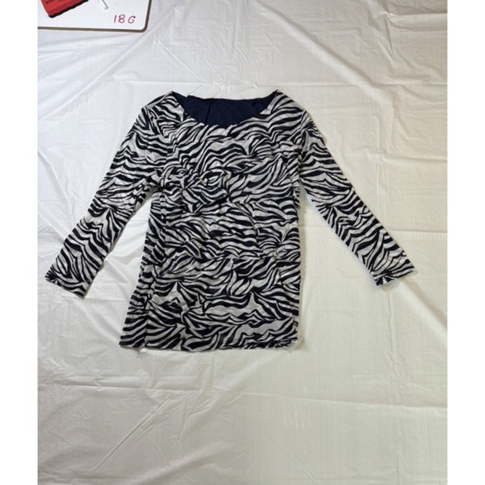 Womens 3/4 sleeve blouse, navy blue &‎ white, zebra print, size S